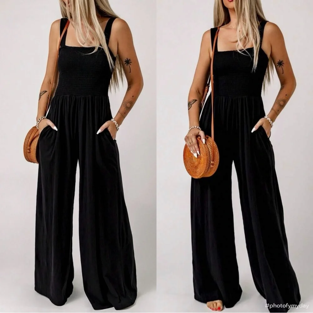 Boho Smocked Cami Top Wide Leg Pants Jumpsuit Green - Picture 9 of 11